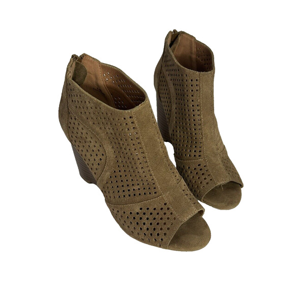 Moda Spana Shoes - Moda Spana Uma Khaki Suede Wedge Heel Perforated Ankle Peep Toe Boot Women's 6.5